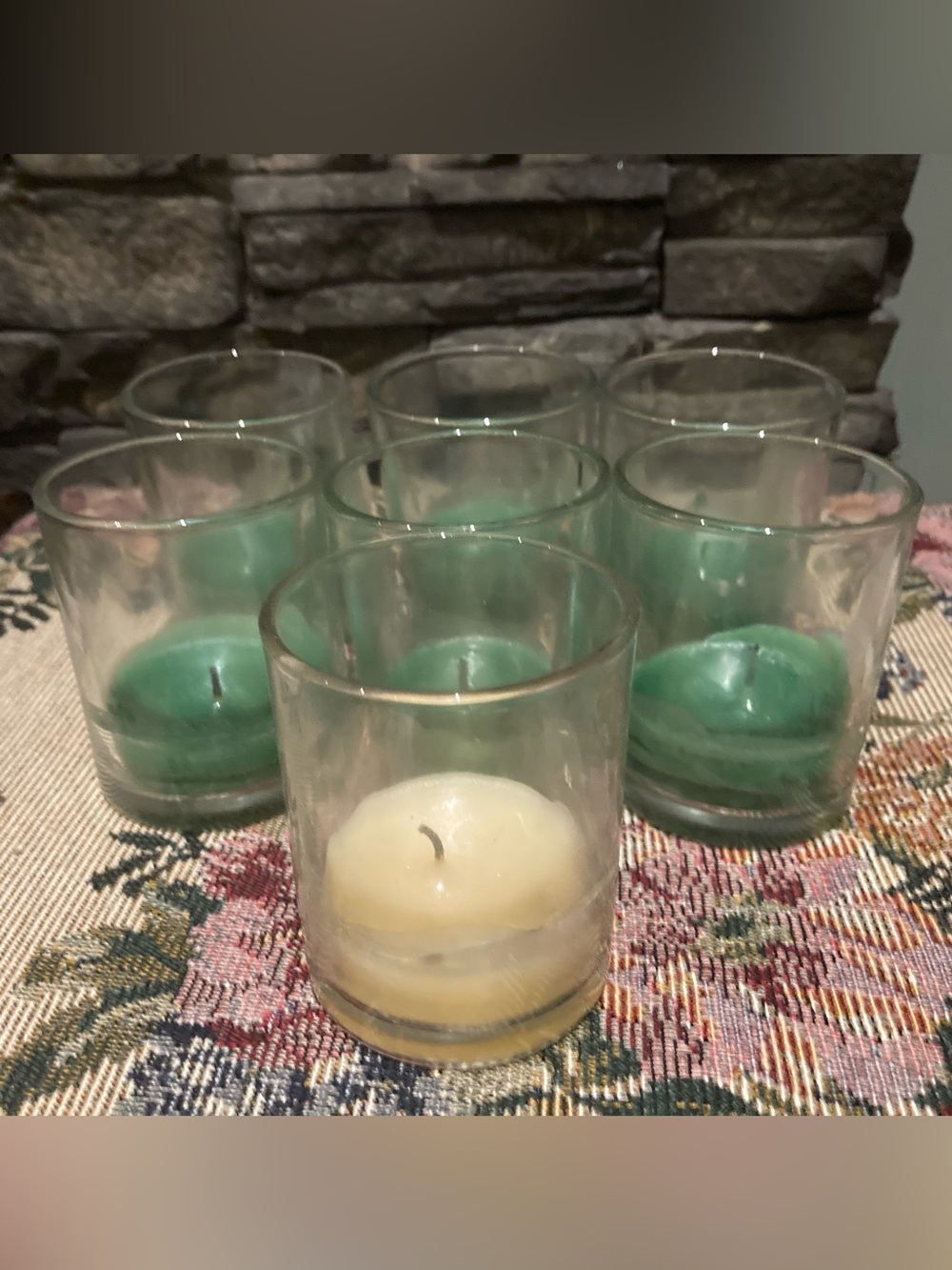 Set of 7 Glass Votive Candle Holders with Candles